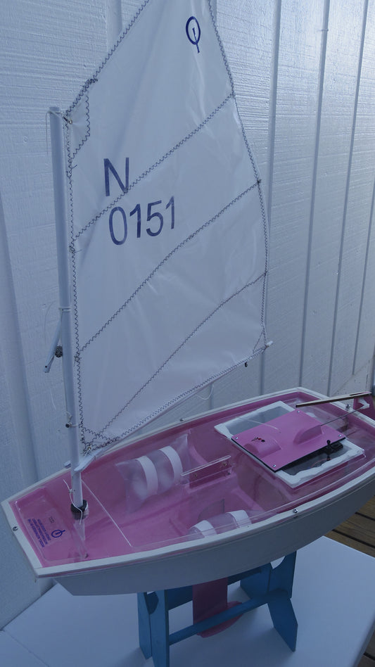 Mini Opti hull# 0151 White/Pink hull. Includes cradle, Radio Transmitter, and Servos. All setup and adjusted for easy sailing. Just find a pond, lake, or any place to set sail and enjoy. (Copy)