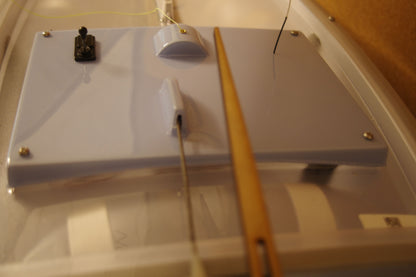 Miniopti Hull#0155 Light Blue Hull, setup & tuned complete with White Regatta sail and stand